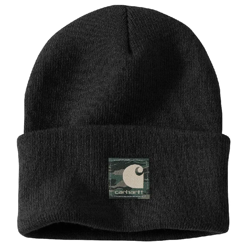 Knit Camo Patch Beanie - Black